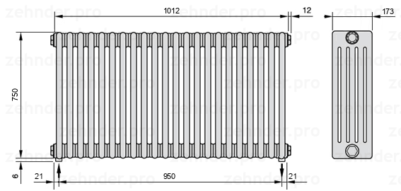 Схема (чертеж) Радиатор Zehnder Charleston 5075/22 №3570 Белый глянцевый RAL 9016